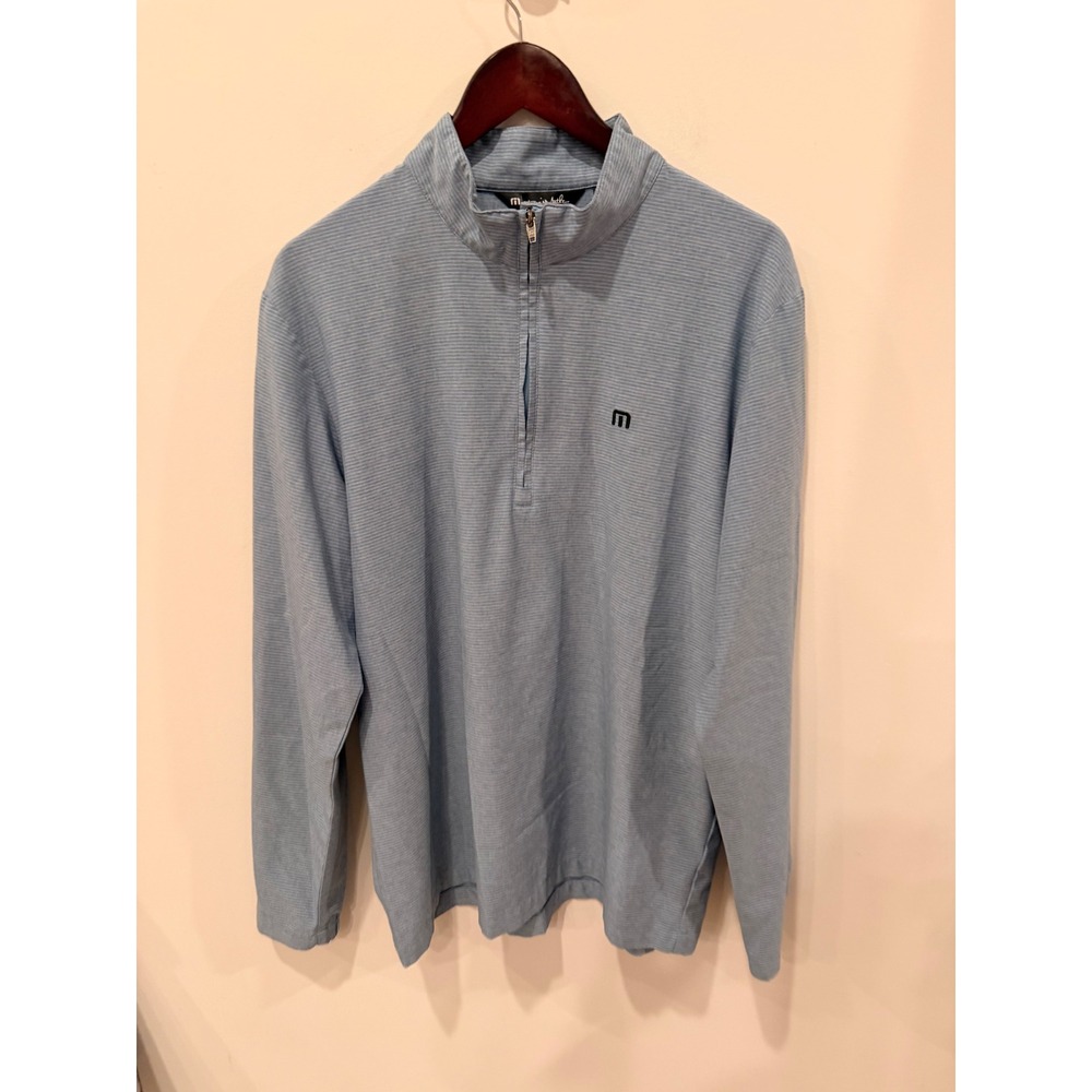 TravisMathew Men's Blue Striped Quarter Zip Pullover Lightweight Golf Top Large